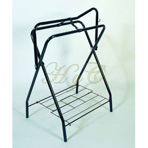 Porta sillas tripodi plegable de tubo color negro con soporte para accesorios